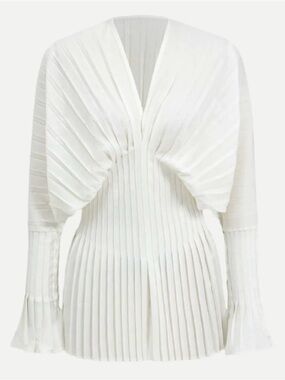 White Pleated V-Neck Long Sleeve Top
